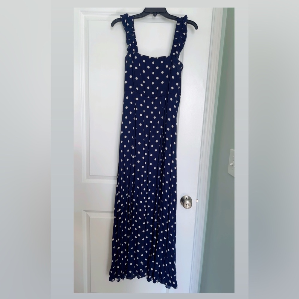 Newbury Kustom Navy Polka Dot Maxi Dress with Ruffle Straps